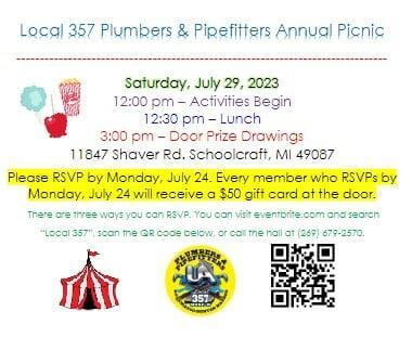 Local 357 Plumbers & Pipefitters Summer 2023 Annual Picnic Flyer