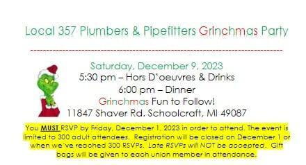 Local 357 Plumbers & Pipefitters 2023 Grinchmas Party Flyer