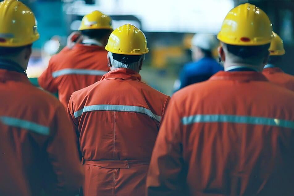 Men in work uniforms and hard hats